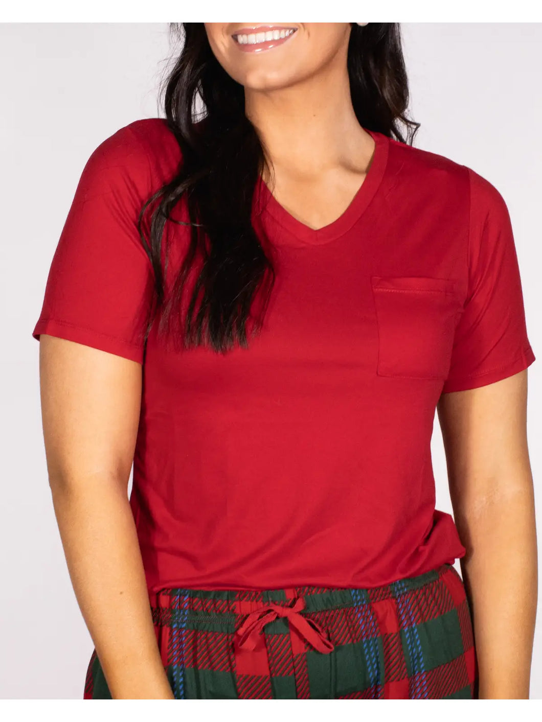 Royal Standard Pocket Tee V-Neck Pajama Top-Dark Red