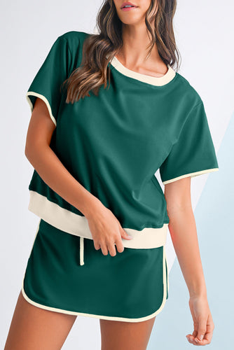 Colorblock Edge Drop Shoulder T Shirt and Skort Set