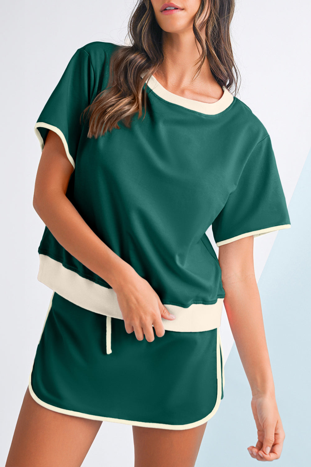 Colorblock Edge Drop Shoulder T Shirt and Skort Set