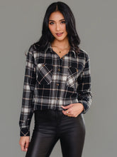 Load image into Gallery viewer, Flannel Plaid Button Up Long Sleeve Top-Black, White &amp; Tan