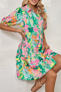 Floral Puff Sleeve Buttoned Babydoll Dress
