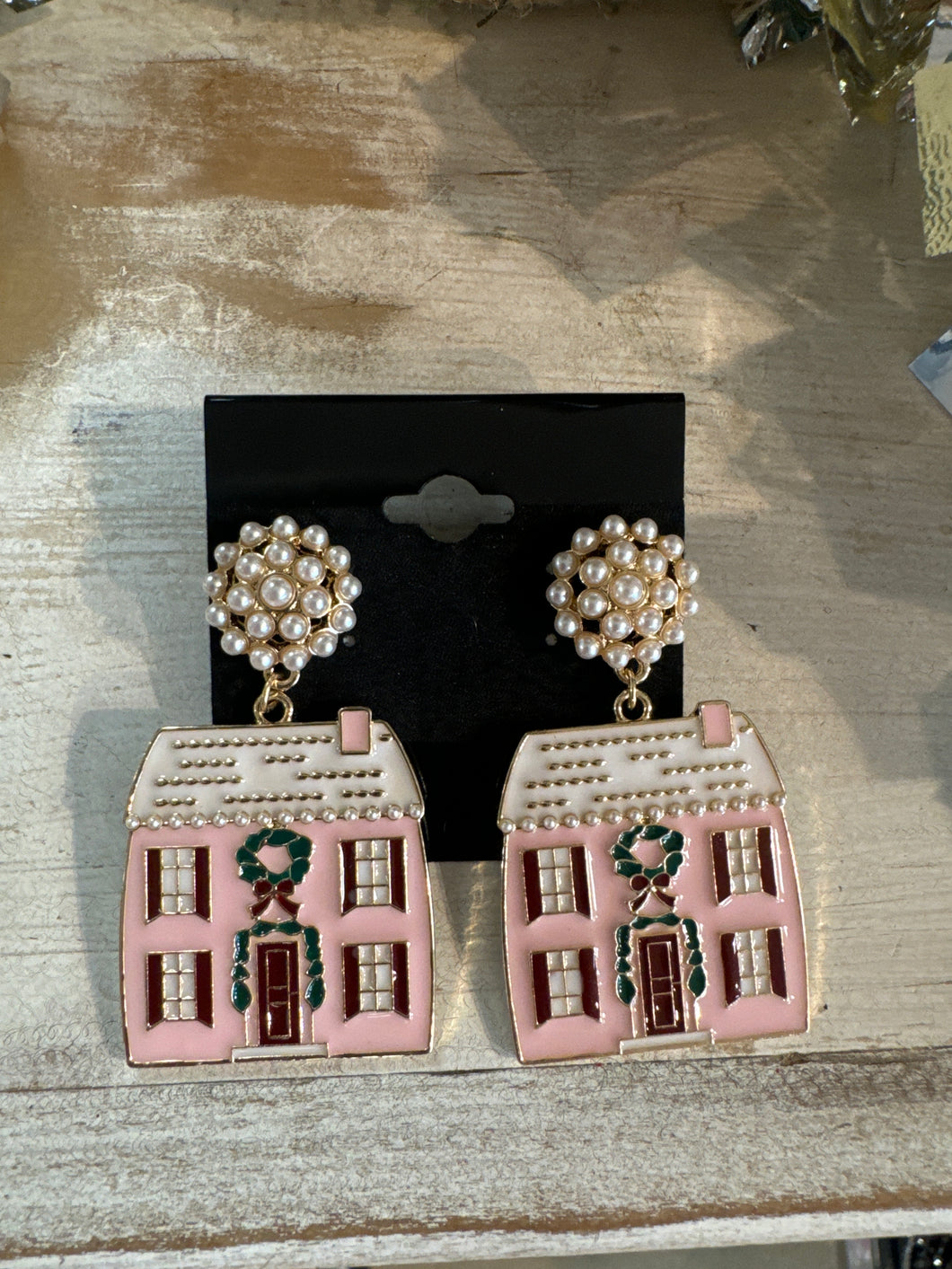 Pink Enamel Christmas House Earrings