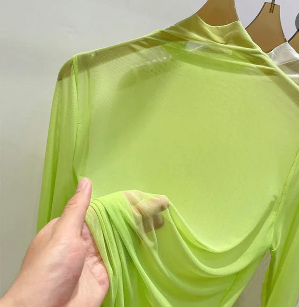 Mesh Long Sleeve Top-Lime Green