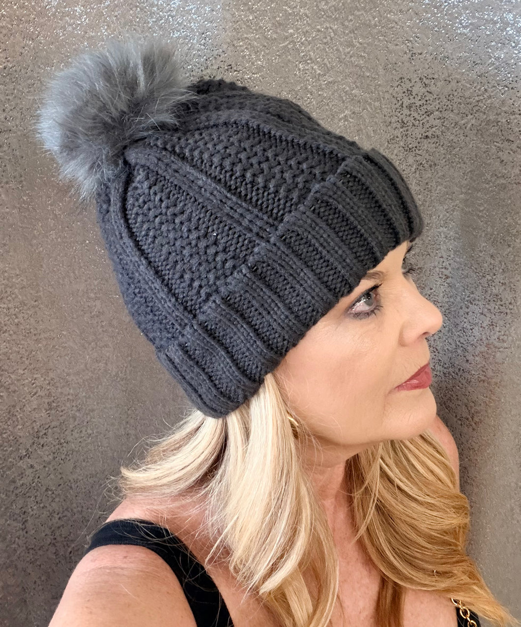 Beanie-Dark Gray/Gray Pom