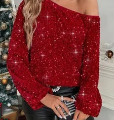 Off The Shoulder Sequin Blouse-Red
