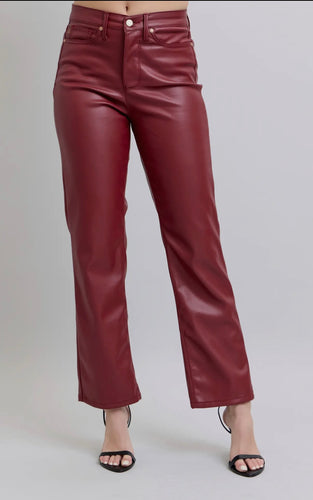 Judy Blue Red Faux Leather Tummy Control High Waisted Pant-Straight Leg