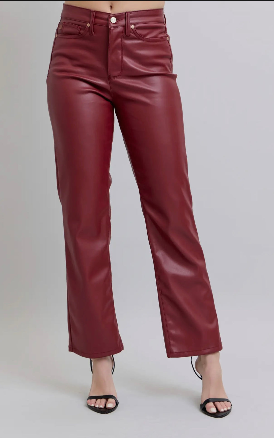 Judy Blue Red Faux Leather Tummy Control High Waisted Pant-Straight Leg