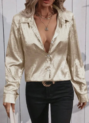 Metallic Button Down Top-Gold