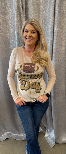 Game Day Rhinestone Long Sleeve Mesh Top-Taupe