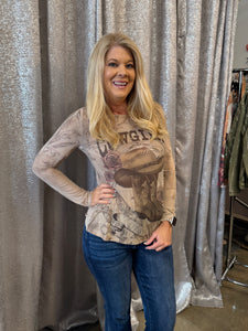 Cowgirl Mesh Long Sleeve Top-Taupe