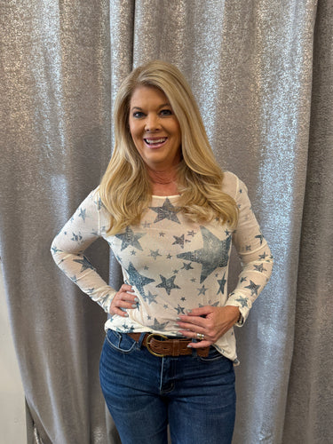 Blue Star Rhinestone Long Sleeve Mesh Top-Cream