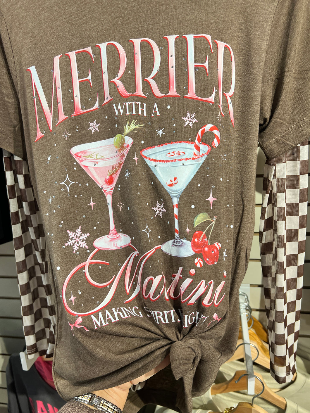 Merry With a Martini Bling T-Shirt-Brown