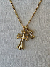 Load image into Gallery viewer, Gold Crystal Double Cross Necklace-Water Resistant