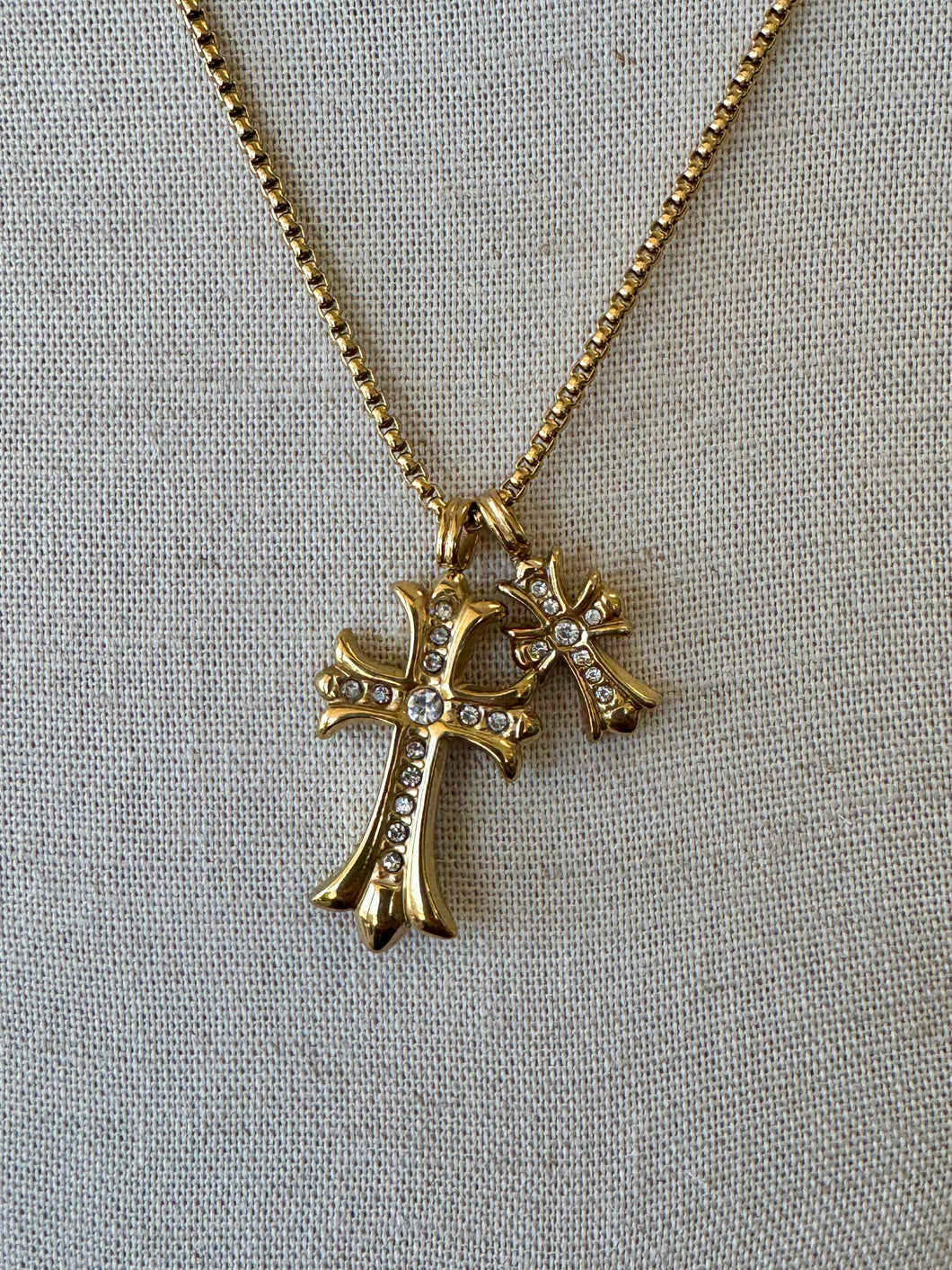 Gold Crystal Double Cross Necklace-Water Resistant