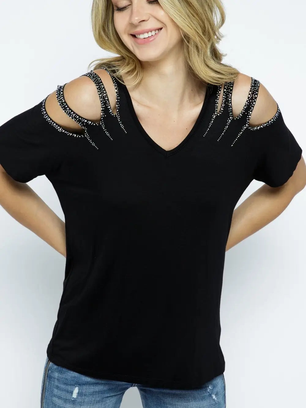 Short Sleeve Top Wtih Laser Cut Shoulder