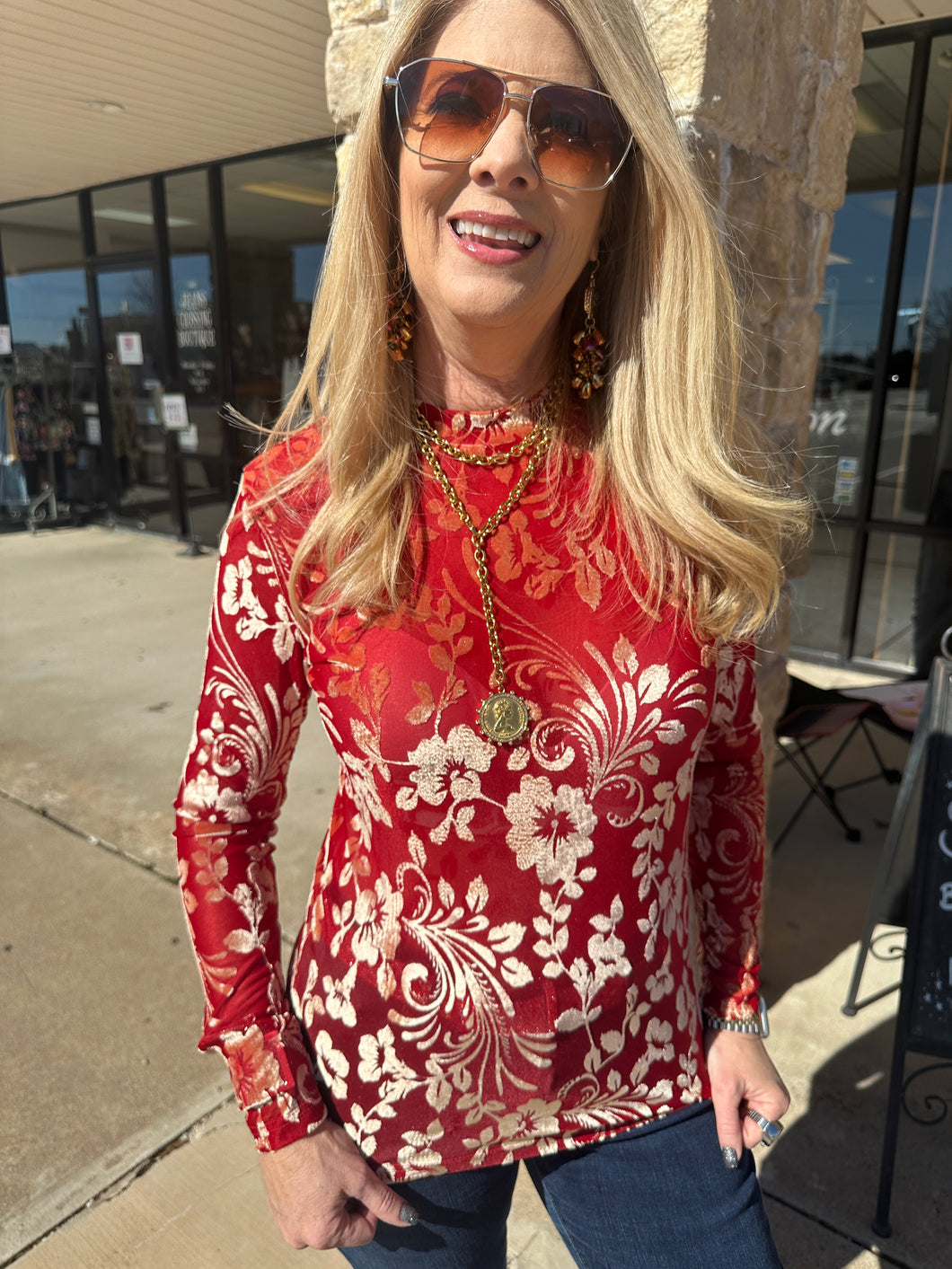 Red Sheer Floral Top