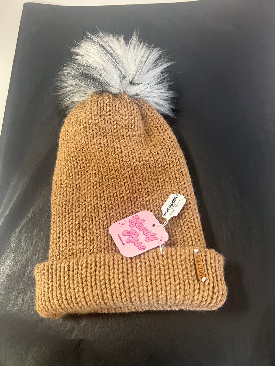 Beanie Tan Grey Pom