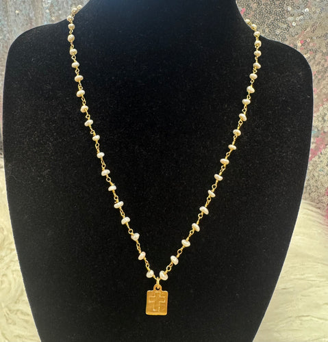 Mini Pearl Cross Gold Necklace