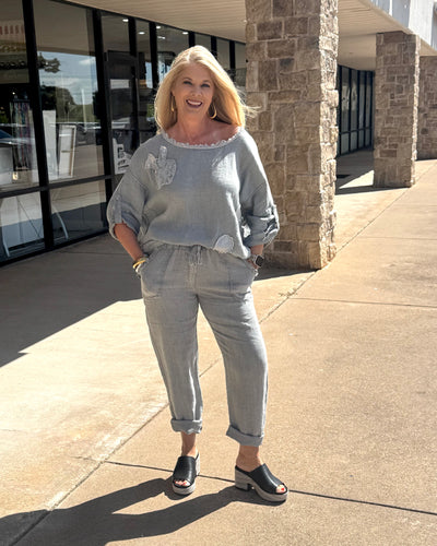 Made In Italy Linen Top Grey Star Sequin