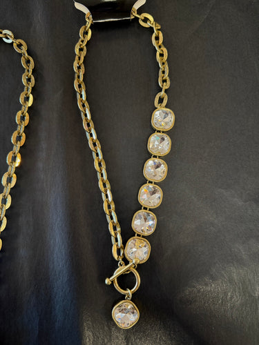 Crystal/Link Front Toggle Necklace Brass/Clear