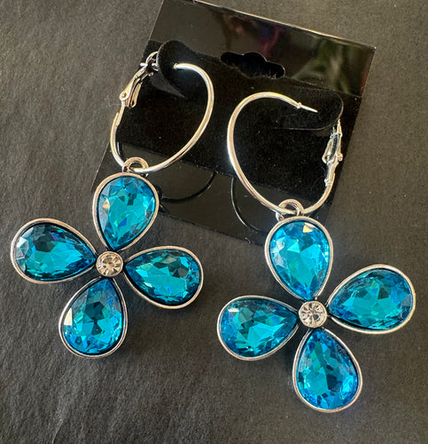 Blue Rhinestone Flower Earrings