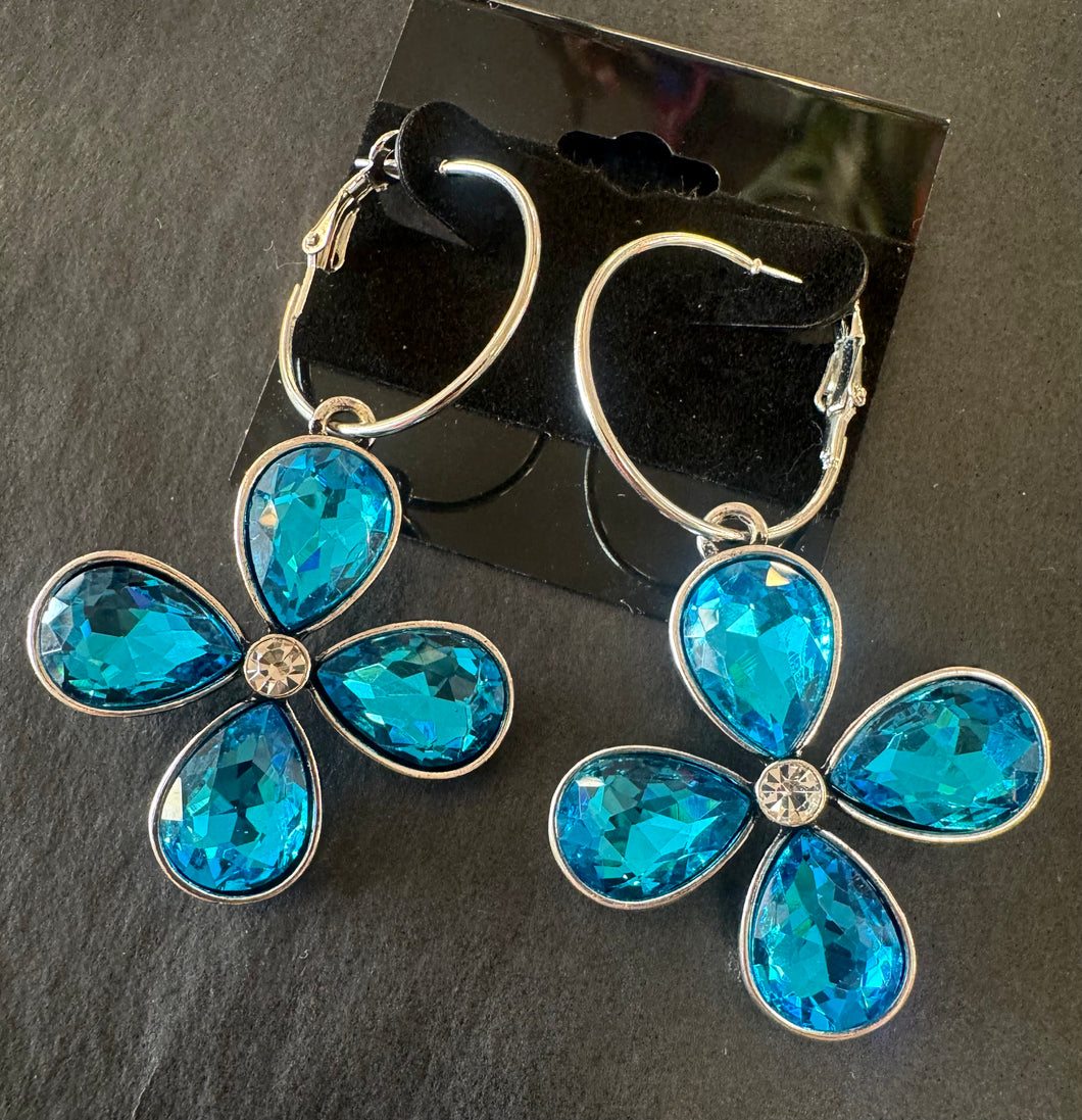Blue Rhinestone Flower Earrings