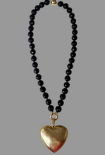 Load image into Gallery viewer, Black Beaded Gold Heart Charm Necklace