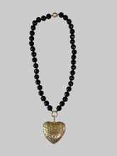 Load image into Gallery viewer, Black Beaded Gold Heart Charm Necklace