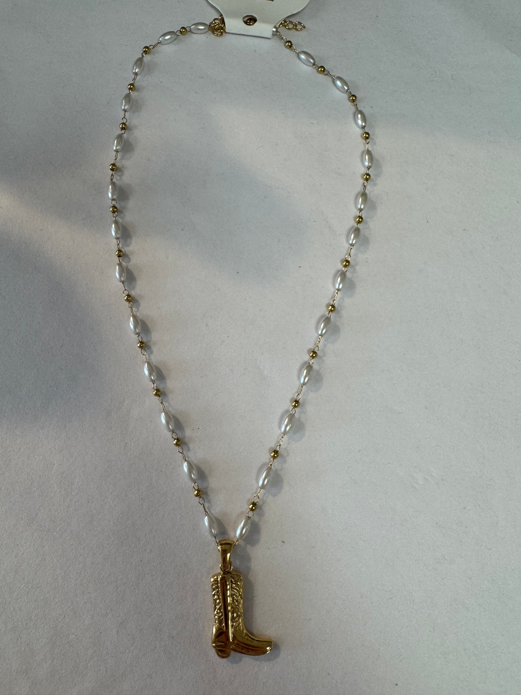 Pearl/Gold Boot Necklace -Water Resistant