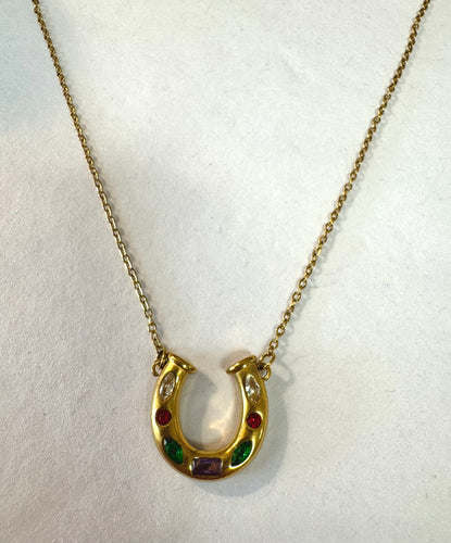 Horseshoe Necklace w/ Multicolor Stones-Gold
