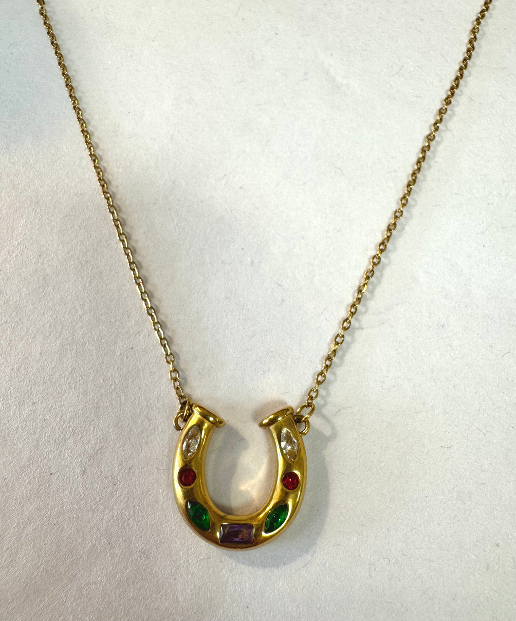 Horseshoe Necklace w/ Multicolor Stones-Gold