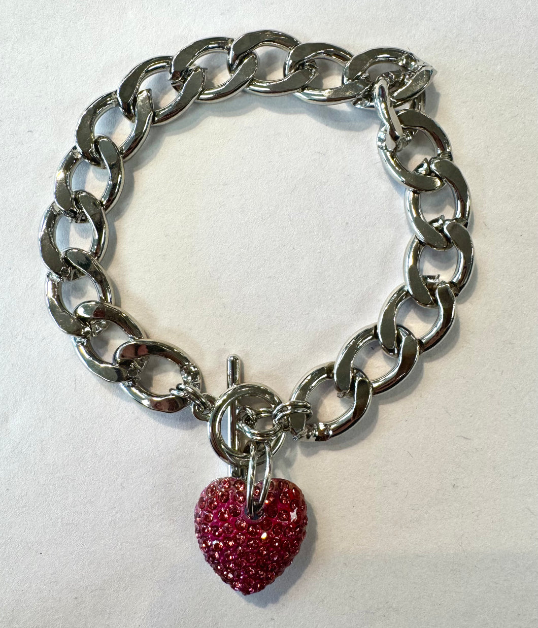 Pink Heart on Silver Link Bracelet