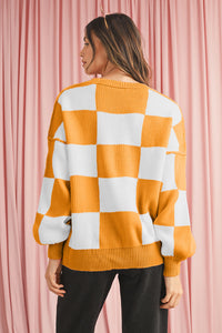 Checkered Bishop Sleeve Pullover Sweater