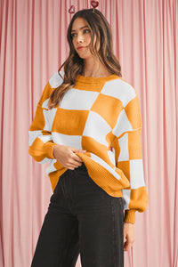 Checkered Bishop Sleeve Pullover Sweater