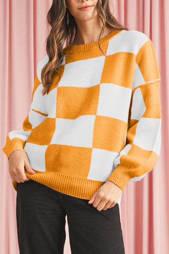 Checkered Bishop Sleeve Pullover Sweater
