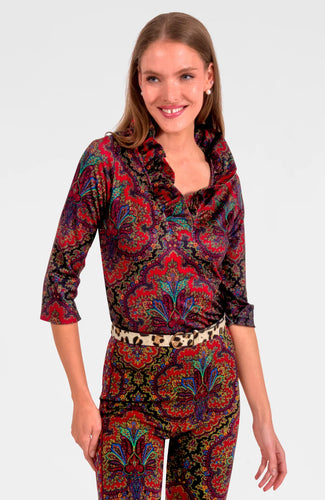 Gretchen Scott 3/4 Sleeve Ruffneck Top Passion Paisley