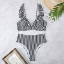 Load image into Gallery viewer, High-Waisted V-Neck Ruffled Bikini Black Stripe
