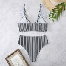 Load image into Gallery viewer, High-Waisted V-Neck Ruffled Bikini Black Stripe