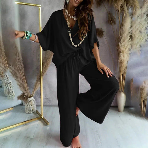 Casual V-Neck & Pants Set Black