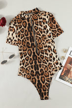 Load image into Gallery viewer, Leopard Half Zip Short Sleeve Bodysuit
