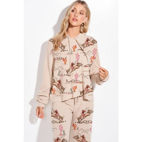 Desert Cowgirl Print Rib Hoodie Loungewear Set