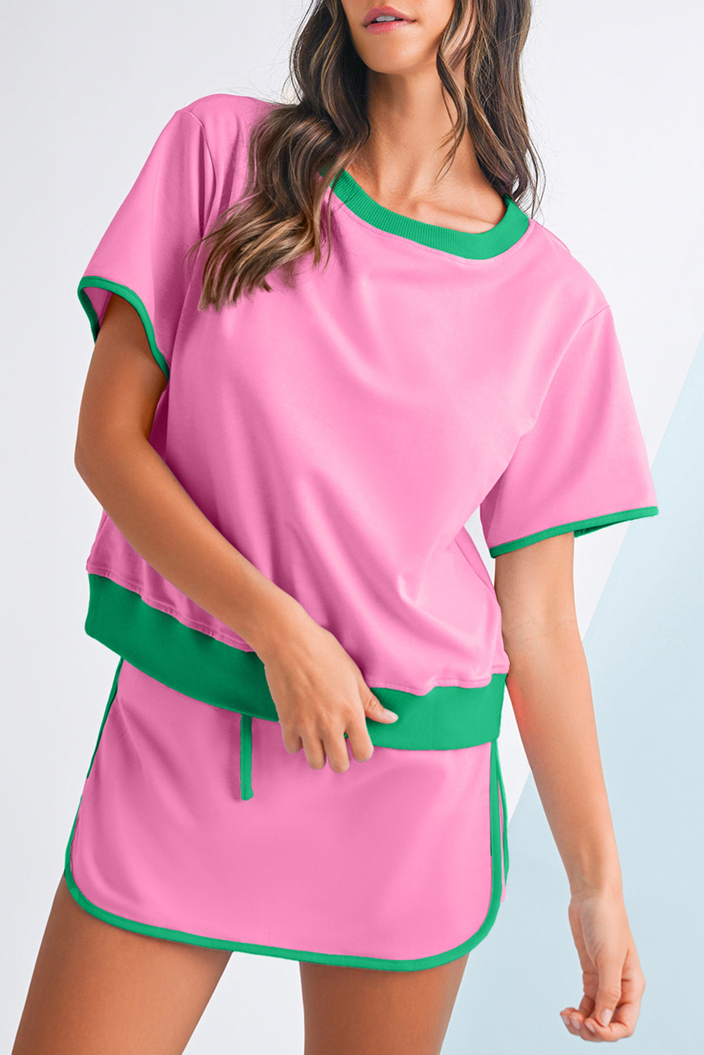 Colorblock Edge Drop Shoulder T Shirt and Skort Set