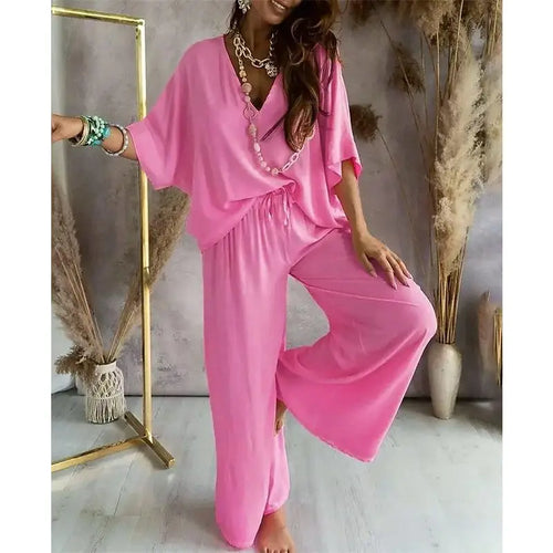 Casual V-Neck & Pants Set Pink