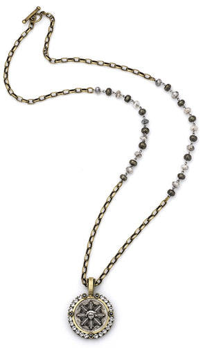 FRENCH KANDE SILVERITE, PYRITE AND CHAIN WITH SUN KING MEDALLION AND SWAROVSKI