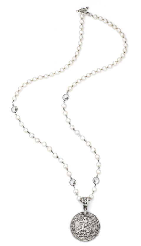 French Kande Pearls with Silver Wire, Swarovski and Laren Medallion