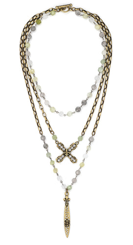 French Kande Triple Strand Sage Mix with Silver Wire, Alsace Chain, Swarovski French Kiss and Sword & Crown Pendant