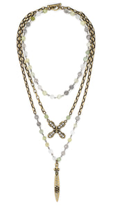 French Kande Triple Strand Sage Mix with Silver Wire, Alsace Chain, Swarovski French Kiss and Sword & Crown Pendant