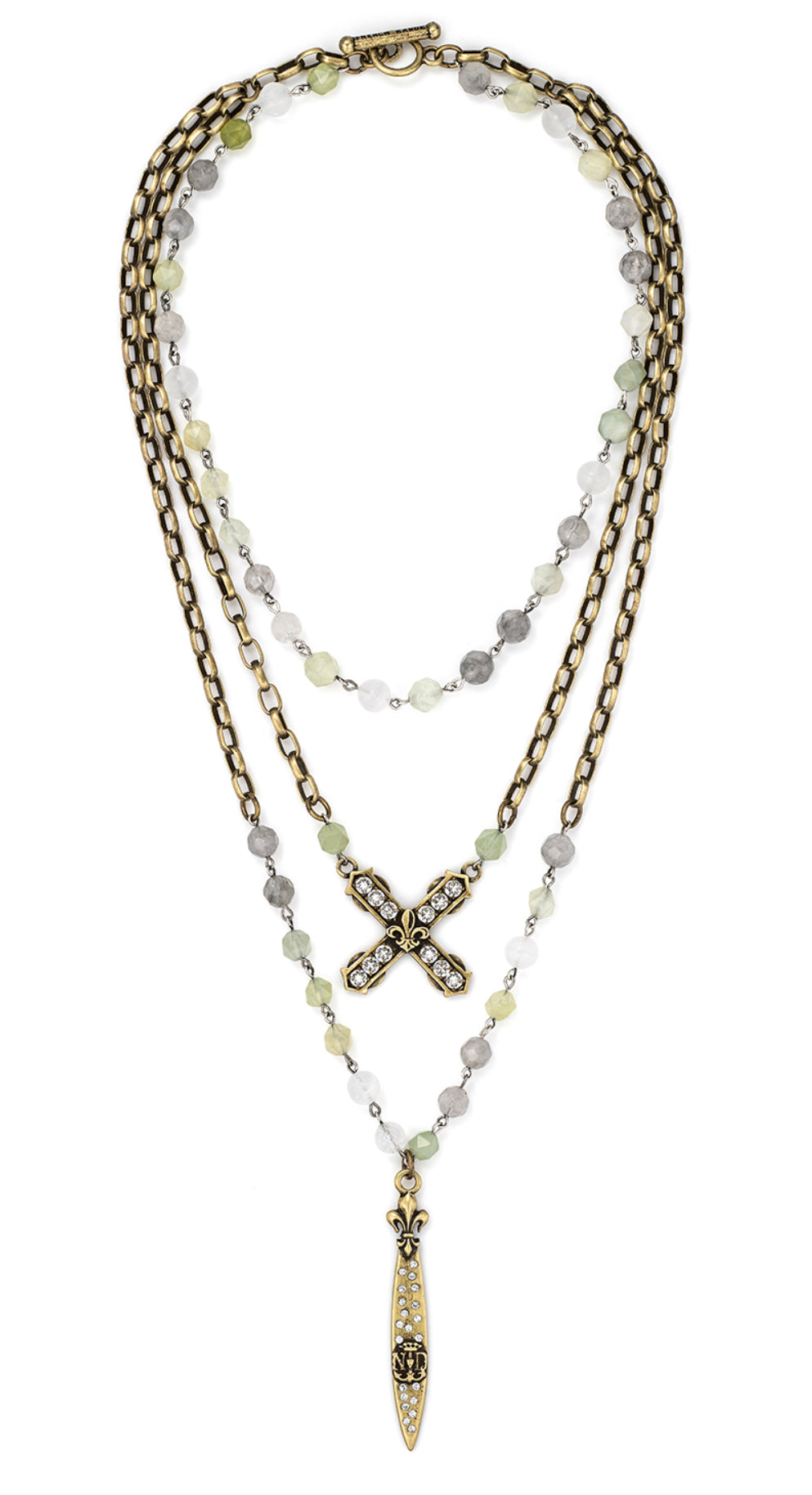 French Kande Triple Strand Sage Mix with Silver Wire, Alsace Chain, Swarovski French Kiss and Sword & Crown Pendant