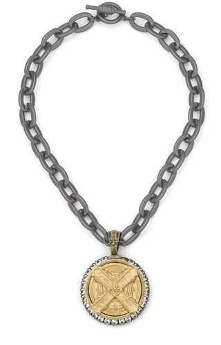 French Kande Graphite Lourdes Chain with 24K Gold Cuvee B Medallion and Swarovski