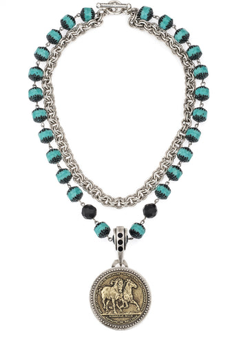 French Kande Double Stranded Turquoise Crystal and Chain with Led Chevaux Medallion